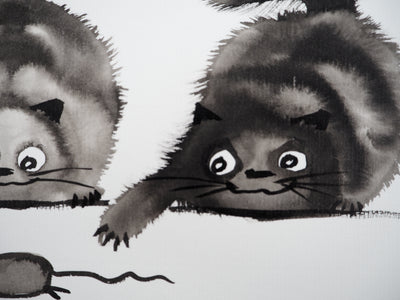 Laszlo TIBAY : Trois chats jouant avec la souris, Dessin original à l'encre signé