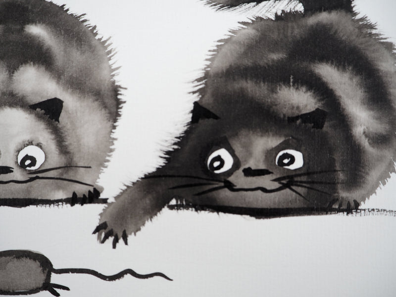 Laszlo TIBAY : Trois chats jouant avec la souris, Dessin original à l&