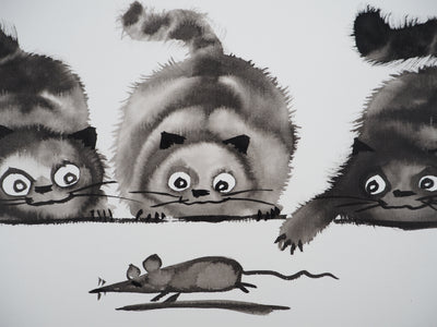 Laszlo TIBAY : Trois chats jouant avec la souris, Dessin original à l'encre signé