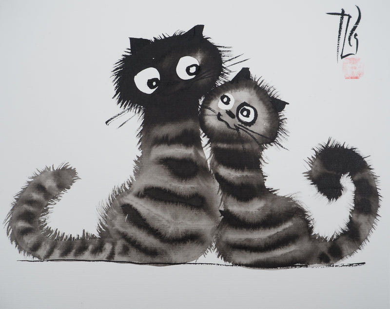 Laszlo TIBAY : Duo de chats, Dessin original à l&