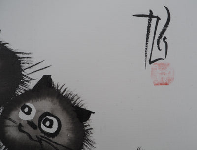 Laszlo TIBAY : Duo de chats, Dessin original à l'encre signé