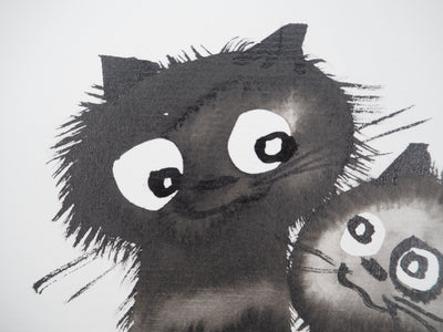 Laszlo TIBAY : Duo de chats, Dessin original à l'encre signé