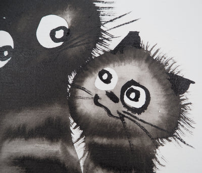 Laszlo TIBAY : Duo de chats, Dessin original à l'encre signé
