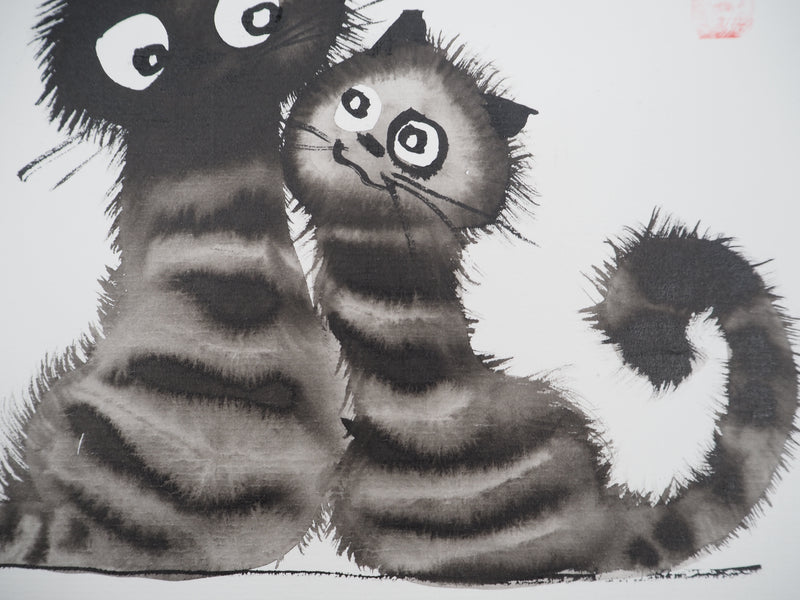 Laszlo TIBAY : Duo de chats, Dessin original à l&