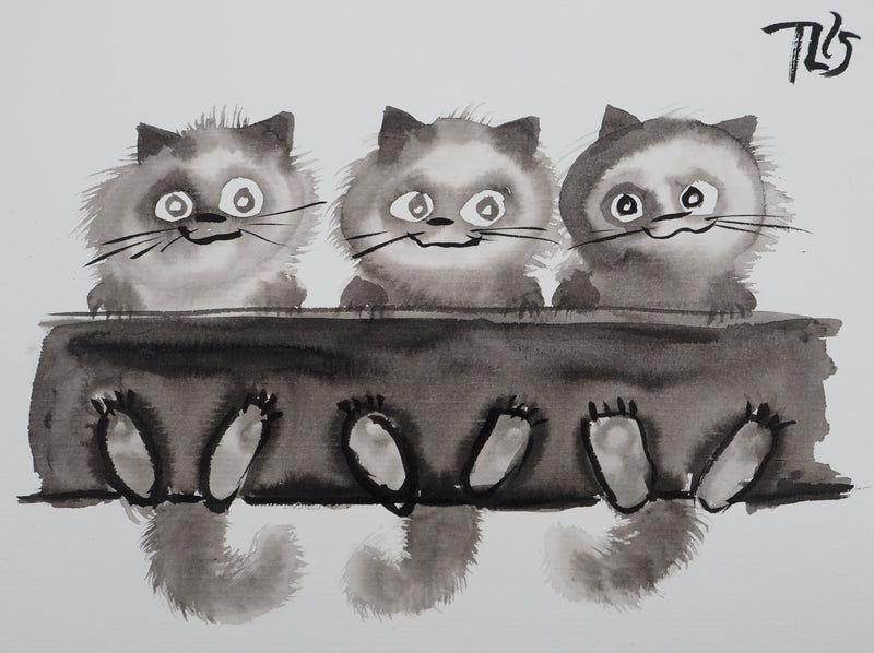 Laszlo TIBAY : Trois chatons assis, Dessin original à l&
