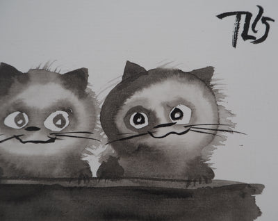 Laszlo TIBAY : Trois chatons assis, Dessin original à l'encre signé