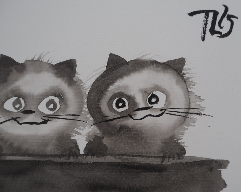 Laszlo TIBAY : Trois chatons assis, Dessin original à l&