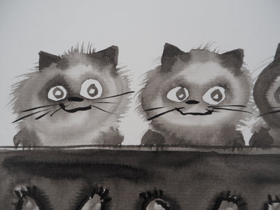 Laszlo TIBAY : Trois chatons assis, Dessin original à l'encre signé