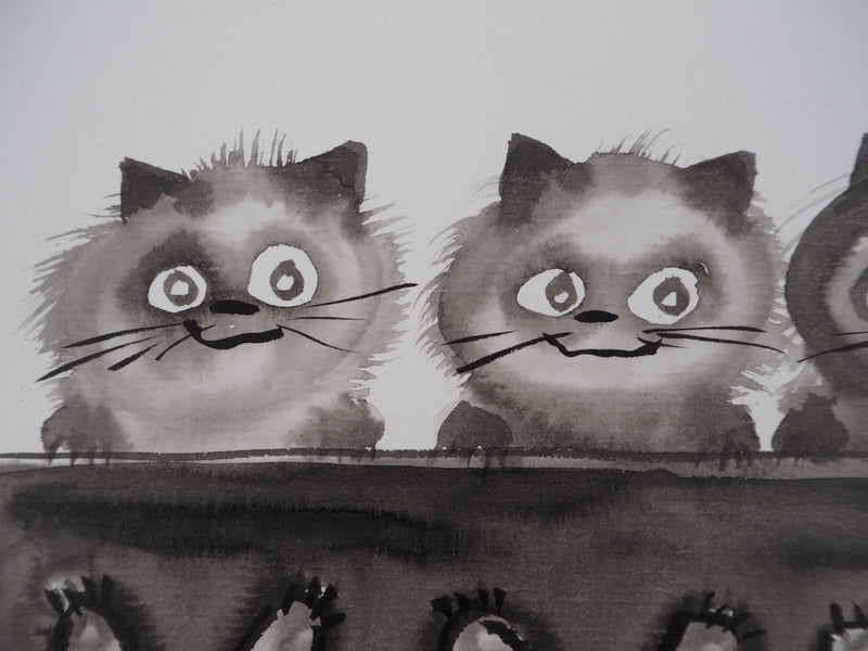 Laszlo TIBAY : Trois chatons assis, Dessin original à l&