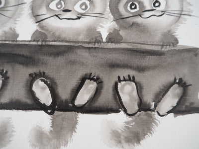 Laszlo TIBAY : Trois chatons assis, Dessin original à l'encre signé