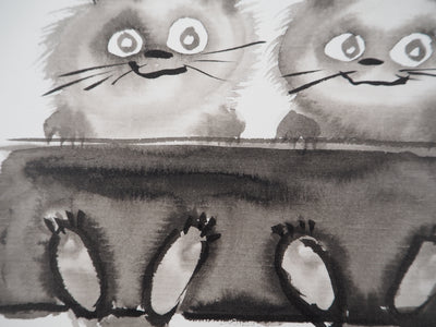 Laszlo TIBAY : Trois chatons assis, Dessin original à l'encre signé