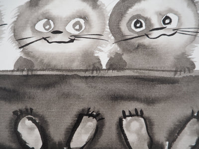 Laszlo TIBAY : Trois chatons assis, Dessin original à l'encre signé