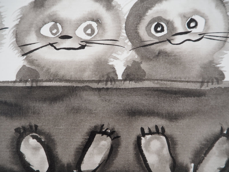 Laszlo TIBAY : Trois chatons assis, Dessin original à l&