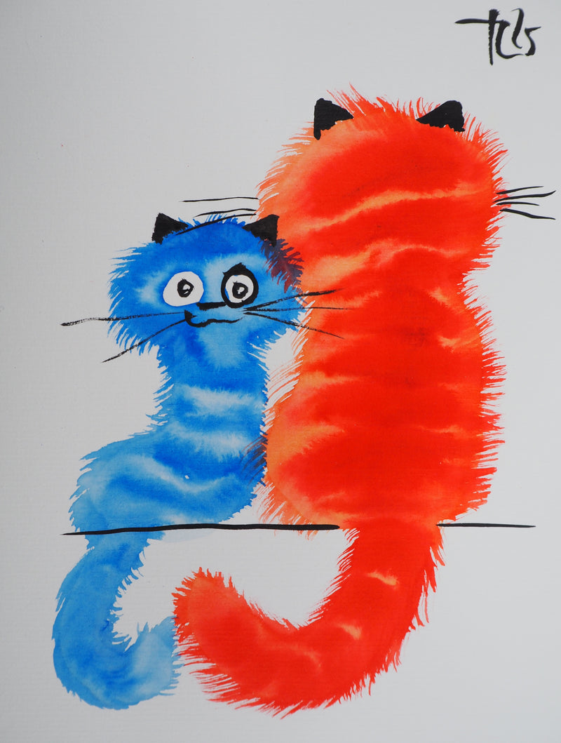 Laszlo TIBAY : Chat de dos et chaton bleu, Dessin original à l&