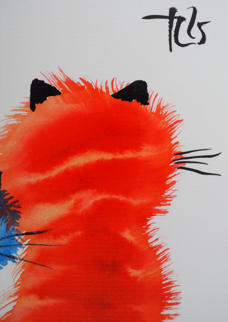 Laszlo TIBAY : Chat de dos et chaton bleu, Dessin original à l&