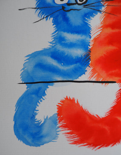 Laszlo TIBAY : Chat de dos et chaton bleu, Dessin original à l'aquarelle signé