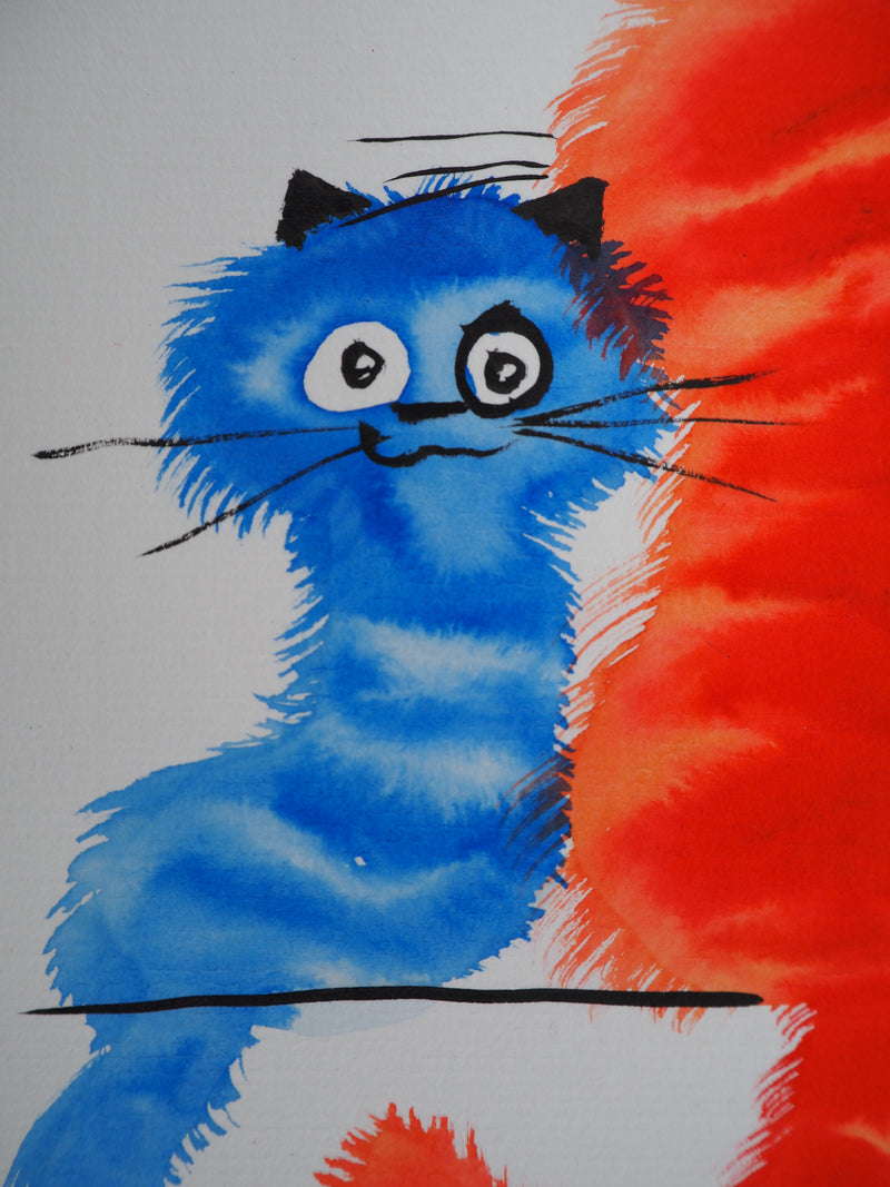 Laszlo TIBAY : Chat de dos et chaton bleu, Dessin original à l&