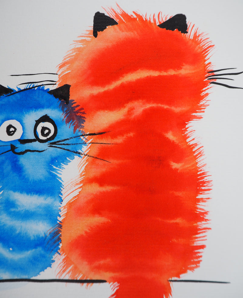 Laszlo TIBAY : Chat de dos et chaton bleu, Dessin original à l&