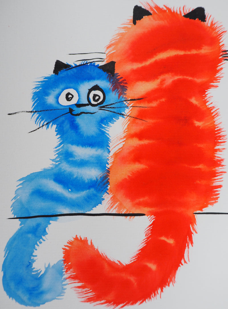 Laszlo TIBAY : Chat de dos et chaton bleu, Dessin original à l&