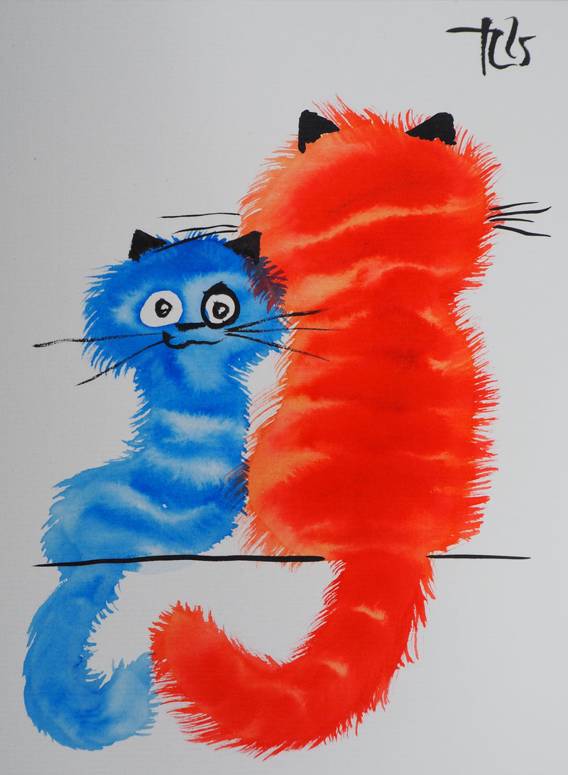 Laszlo TIBAY : Chat de dos et chaton bleu, Dessin original à l&