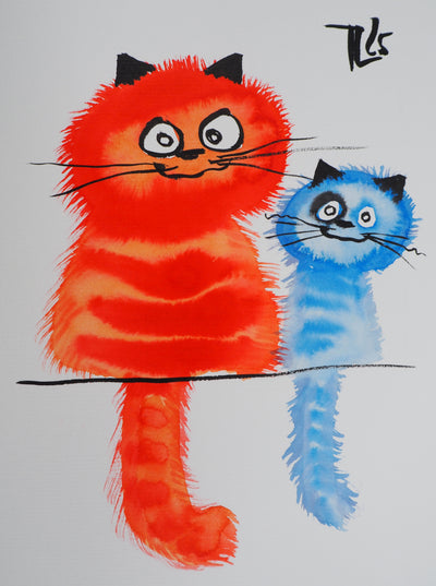 Laszlo TIBAY : Chat rouge et chaton bleu, Dessin original à l'aquarelle signé