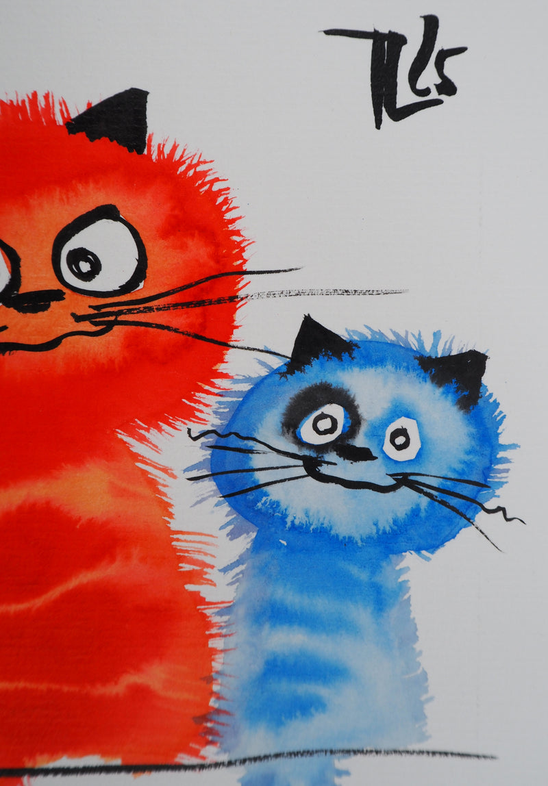 Laszlo TIBAY : Chat rouge et chaton bleu, Dessin original à l&