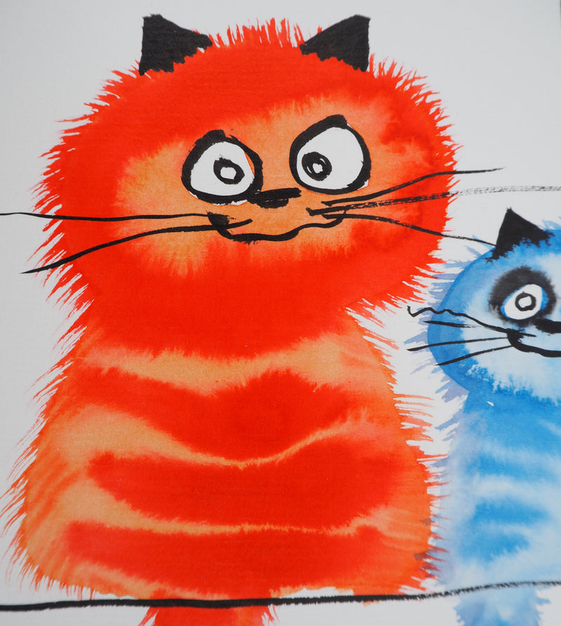 Laszlo TIBAY : Chat rouge et chaton bleu, Dessin original à l&