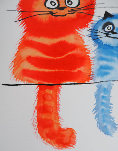 Laszlo TIBAY : Chat rouge et chaton bleu, Dessin original à l'aquarelle signé