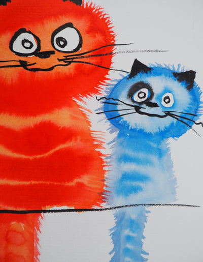 Laszlo TIBAY : Chat rouge et chaton bleu, Dessin original à l'aquarelle signé