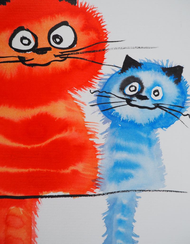 Laszlo TIBAY : Chat rouge et chaton bleu, Dessin original à l&