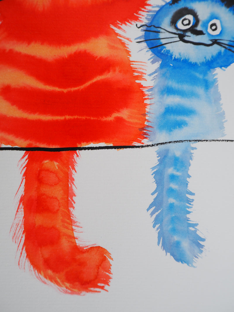 Laszlo TIBAY : Chat rouge et chaton bleu, Dessin original à l&