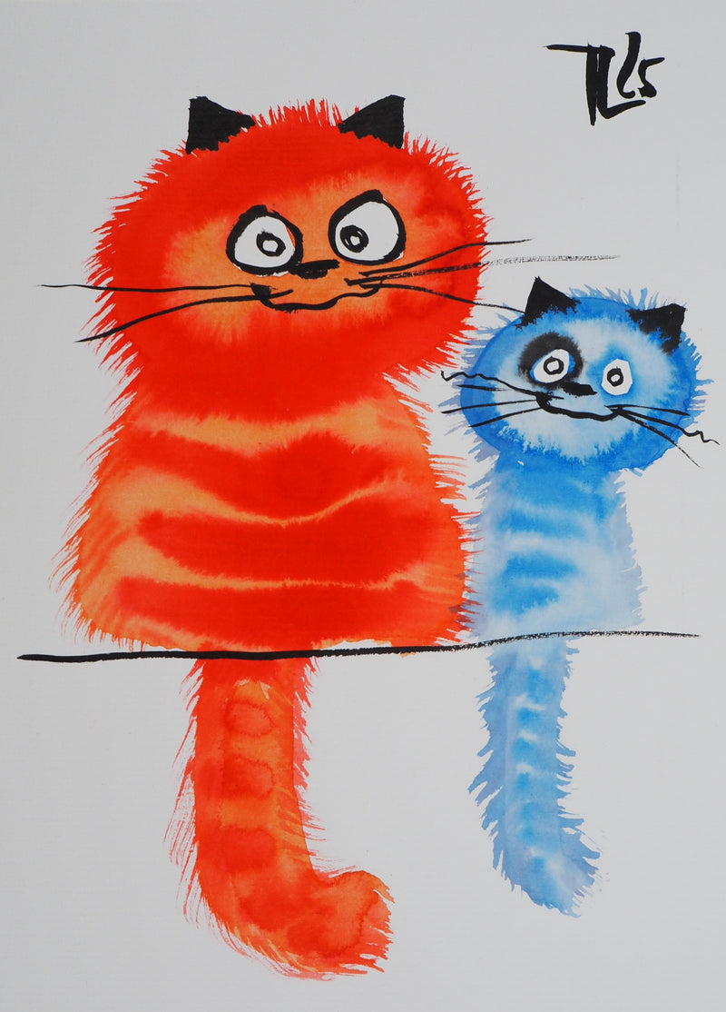 Laszlo TIBAY : Chat rouge et chaton bleu, Dessin original à l&