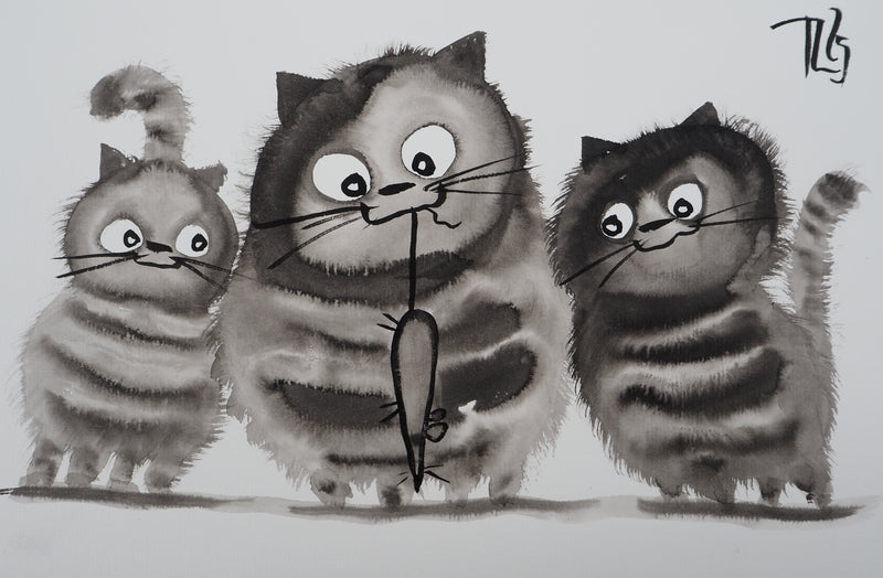 Laszlo TIBAY : Le chat et ses chatons attrapant la souris, Dessin original à l&