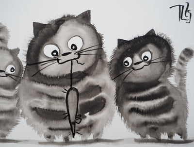 Laszlo TIBAY : Le chat et ses chatons attrapant la souris, Dessin original à l'encre signé