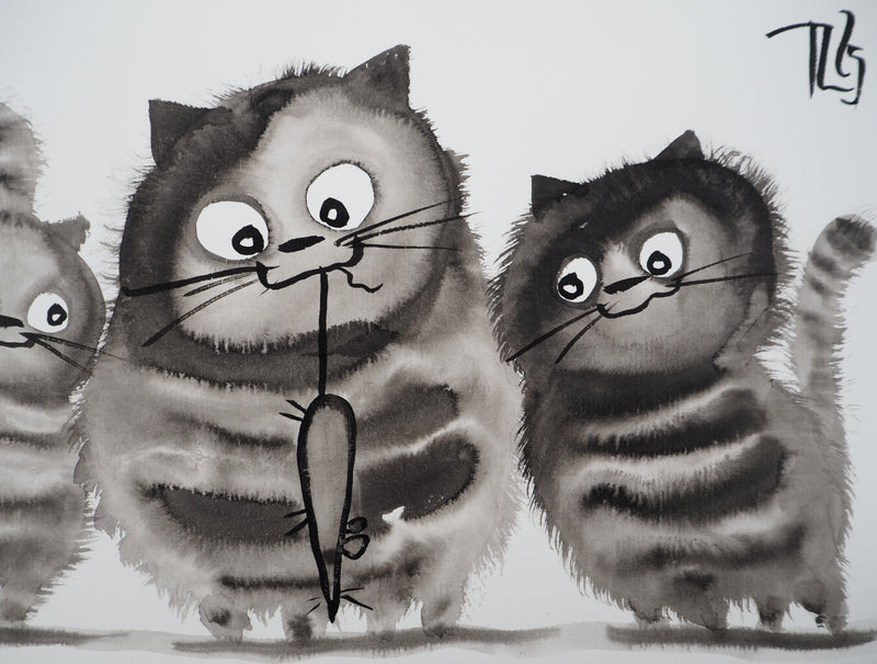 Laszlo TIBAY : Le chat et ses chatons attrapant la souris, Dessin original à l&