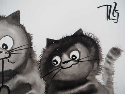 Laszlo TIBAY : Le chat et ses chatons attrapant la souris, Dessin original à l'encre signé