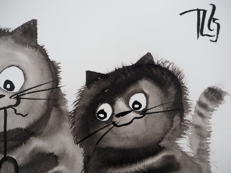 Laszlo TIBAY : Le chat et ses chatons attrapant la souris, Dessin original à l&