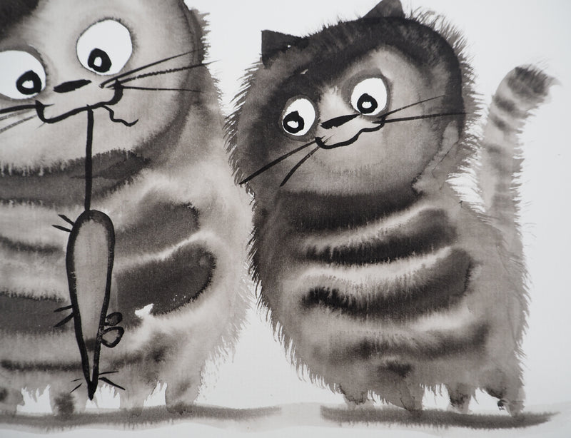 Laszlo TIBAY : Le chat et ses chatons attrapant la souris, Dessin original à l&