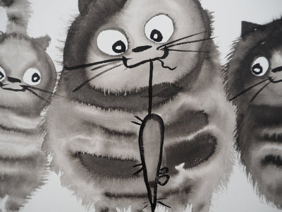 Laszlo TIBAY : Le chat et ses chatons attrapant la souris, Dessin original à l'encre signé