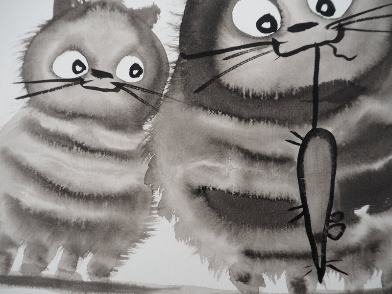 Laszlo TIBAY : Le chat et ses chatons attrapant la souris, Dessin original à l&