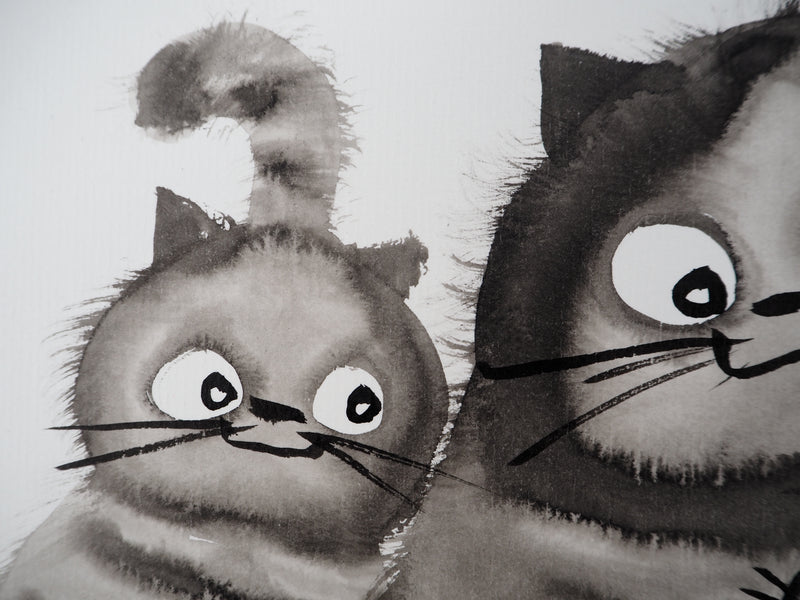 Laszlo TIBAY : Le chat et ses chatons attrapant la souris, Dessin original à l&