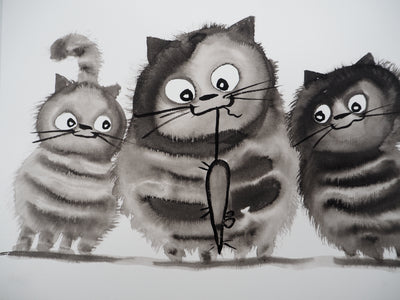 Laszlo TIBAY : Le chat et ses chatons attrapant la souris, Dessin original à l'encre signé