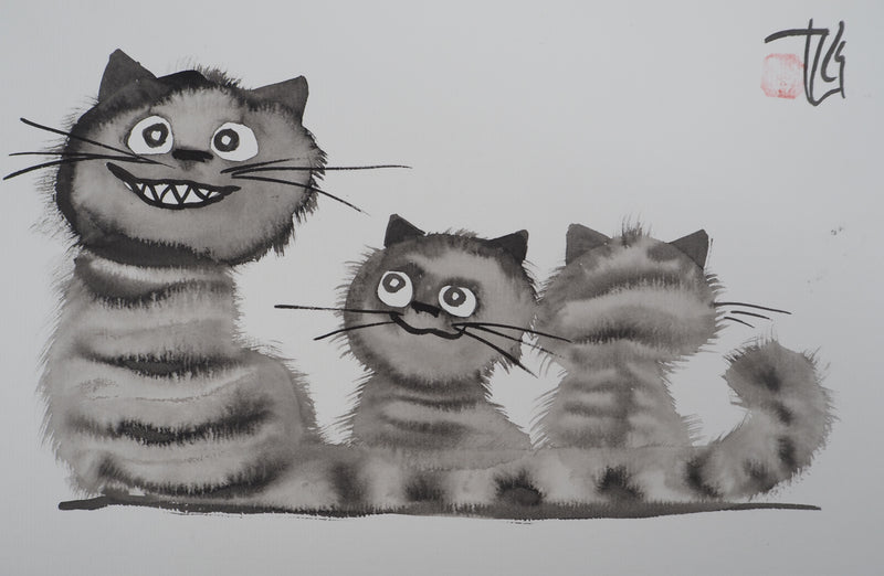 Laszlo TIBAY : Sourire du chat et ses chatons, Dessin original à l&
