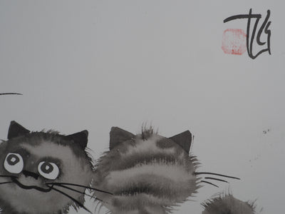 Laszlo TIBAY : Sourire du chat et ses chatons, Dessin original à l'encre signé