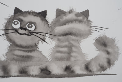 Laszlo TIBAY : Sourire du chat et ses chatons, Dessin original à l'encre signé