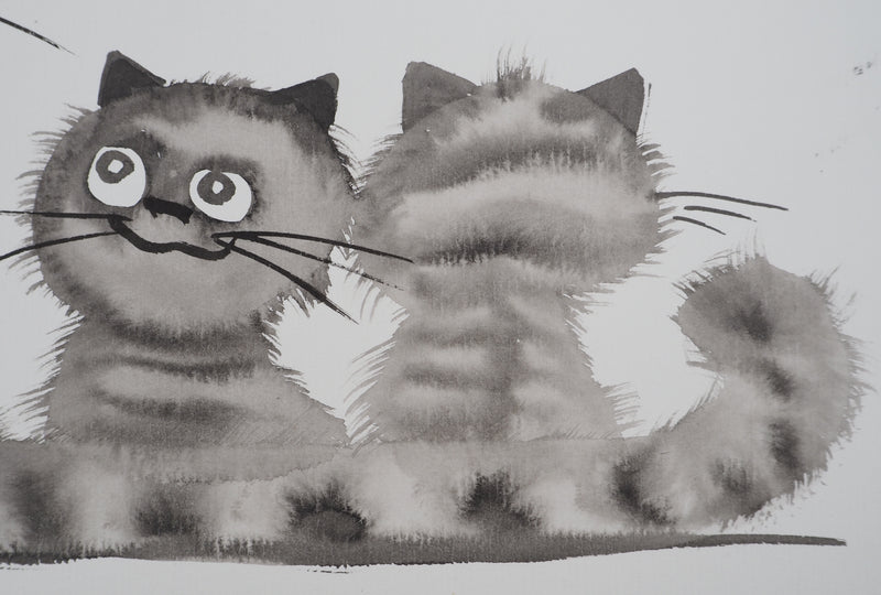 Laszlo TIBAY : Sourire du chat et ses chatons, Dessin original à l&