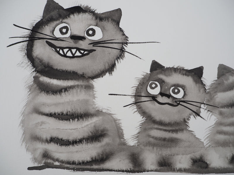 Laszlo TIBAY : Sourire du chat et ses chatons, Dessin original à l&