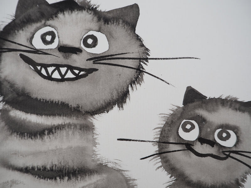Laszlo TIBAY : Sourire du chat et ses chatons, Dessin original à l&