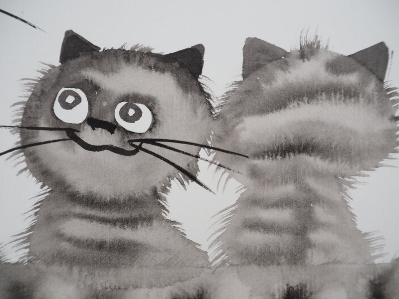 Laszlo TIBAY : Sourire du chat et ses chatons, Dessin original à l&