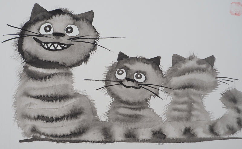 Laszlo TIBAY : Sourire du chat et ses chatons, Dessin original à l&